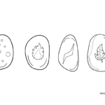 Coloriage Coloriage planche à colorier avec 4 pierres évolutives inspirées de Pokémon : Pierre-Eau, Pierre-Feu, Pierre-Foudre et Pierre-Plante.