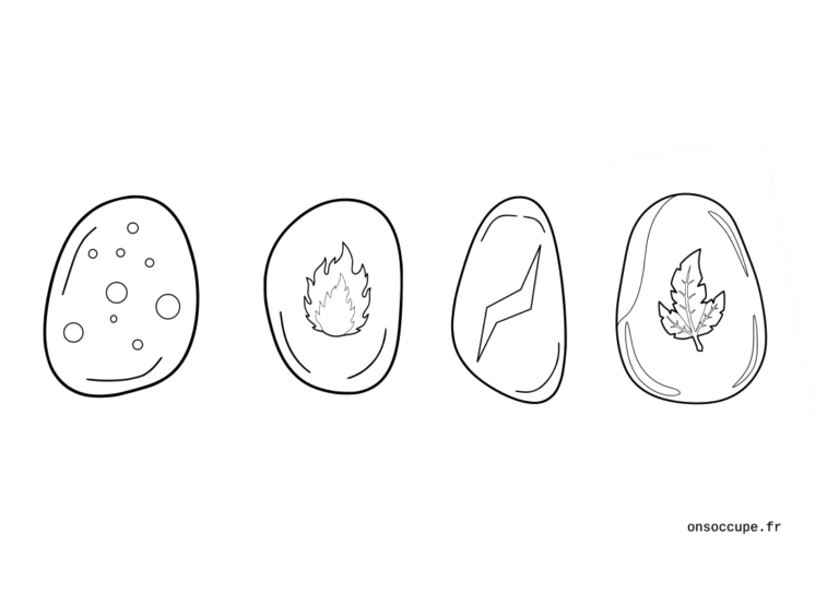Coloriage planche à colorier avec 4 pierres évolutives inspirées de Pokémon : Pierre-Eau, Pierre-Feu, Pierre-Foudre et Pierre-Plante.