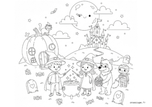 Coloriage pour enfants représentant une scène complète d’Halloween dans un petit village enchantée. Au premier plan, un petit sorcier et une sorcière tiennent leurs baguettes magiques au-dessus d’un chaudron bouillonnant. Un loup-garou souriant avec un panier de bonbons et une petite momie curieuse. Une citrouille géante sert de maison En arrière-plan, on distingue un château sur une colline, éclairé par une pleine lune où volent quelques chauves-souris.