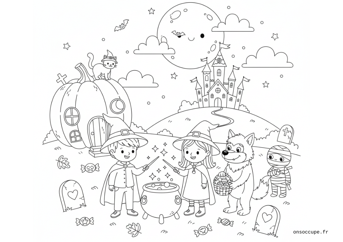 Coloriage pour enfants représentant une scène complète d’Halloween dans un petit village enchantée. Au premier plan, un petit sorcier et une sorcière tiennent leurs baguettes magiques au-dessus d’un chaudron bouillonnant. Un loup-garou souriant avec un panier de bonbons et une petite momie curieuse. Une citrouille géante sert de maison En arrière-plan, on distingue un château sur une colline, éclairé par une pleine lune où volent quelques chauves-souris.