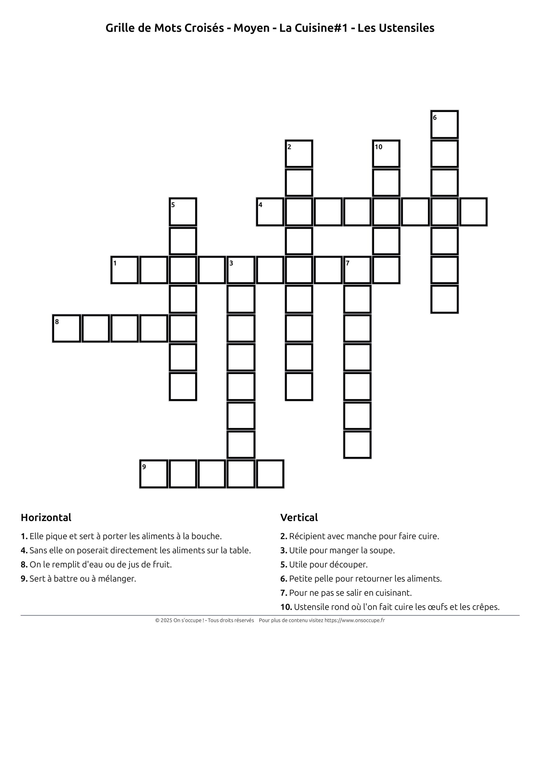 Grille de Mots Croisés-Moyen-Cuisine#1-Les Ustensiles à imprimer