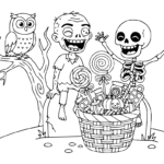 Coloriage Coloriage pour Halloween avec un squelette et un zombie assis sur des tombes et partageant des friandises.