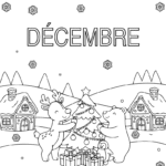 Coloriage Coloriage sur le thème de Noël simple avec neige, sapin, deux maisons, un ours et un renne qui décorent un sapin. Texte "Décembre" à colorier en haut.