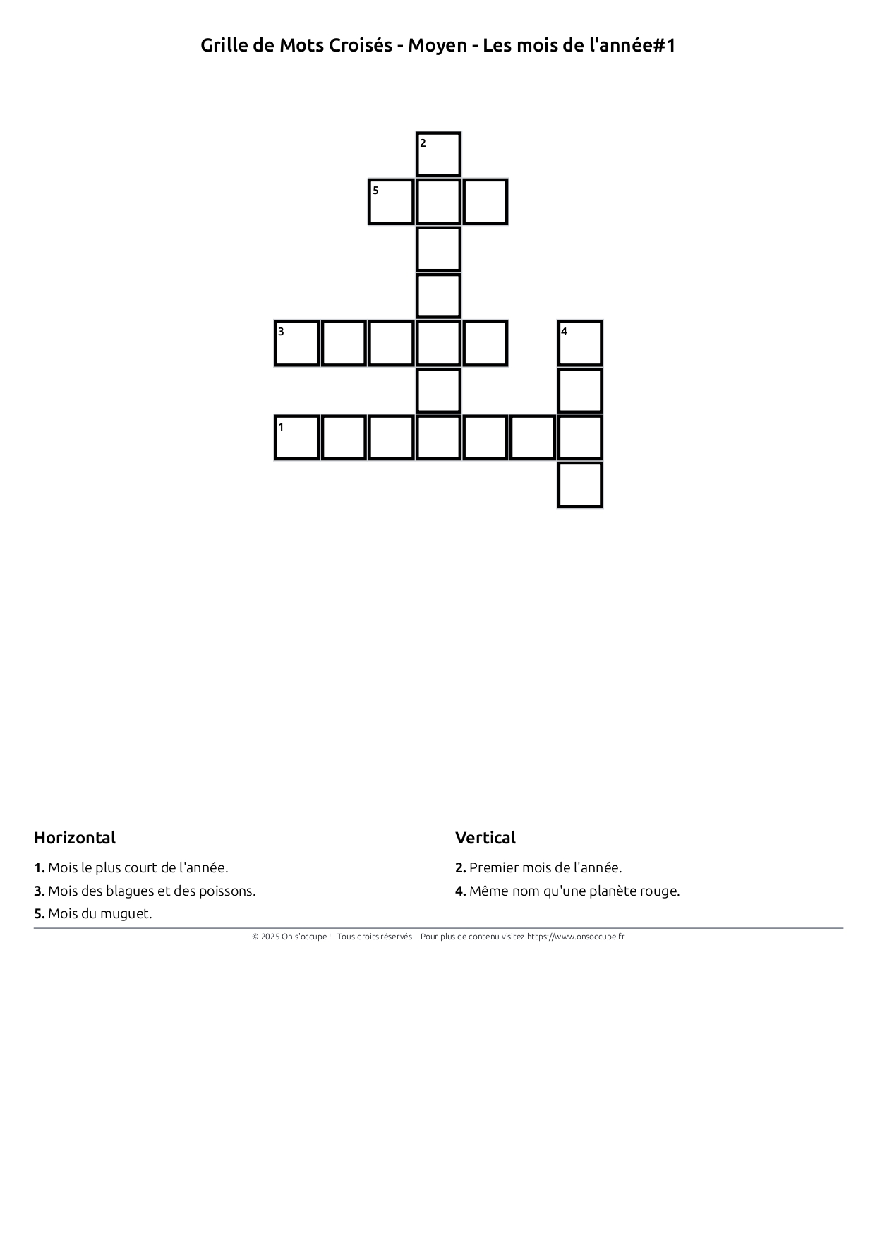 Mots Croisés – Moyen – Les mois de l&rsquo;année #1 à imprimer