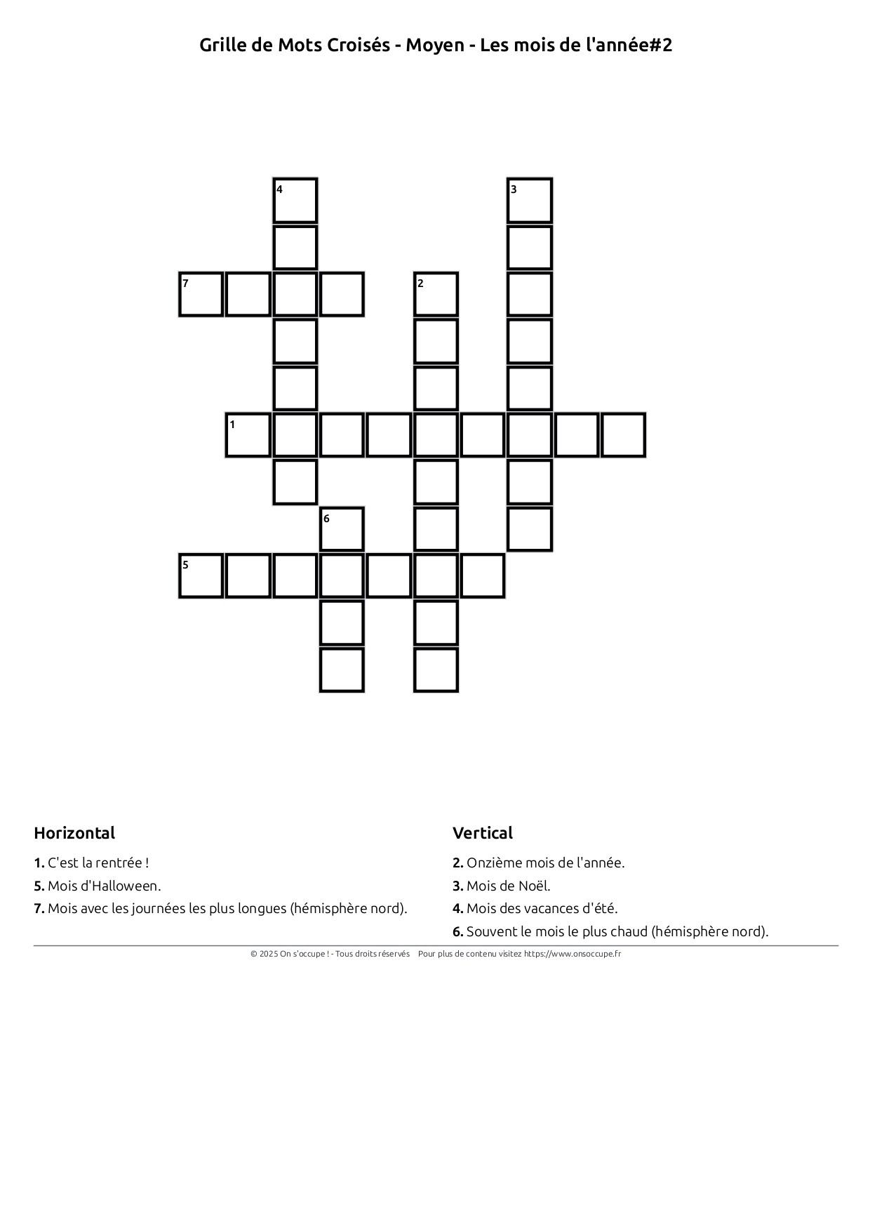 Mots croisés Moyen - Thème Mois - Jours - Saisons - Mots Croisés ...