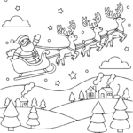 Coloriage Coloriage d'un père noël sur son traîneau tiré par 3 rennes, dans le ciel avec dans le fond un paysage avec arbres et maisons.