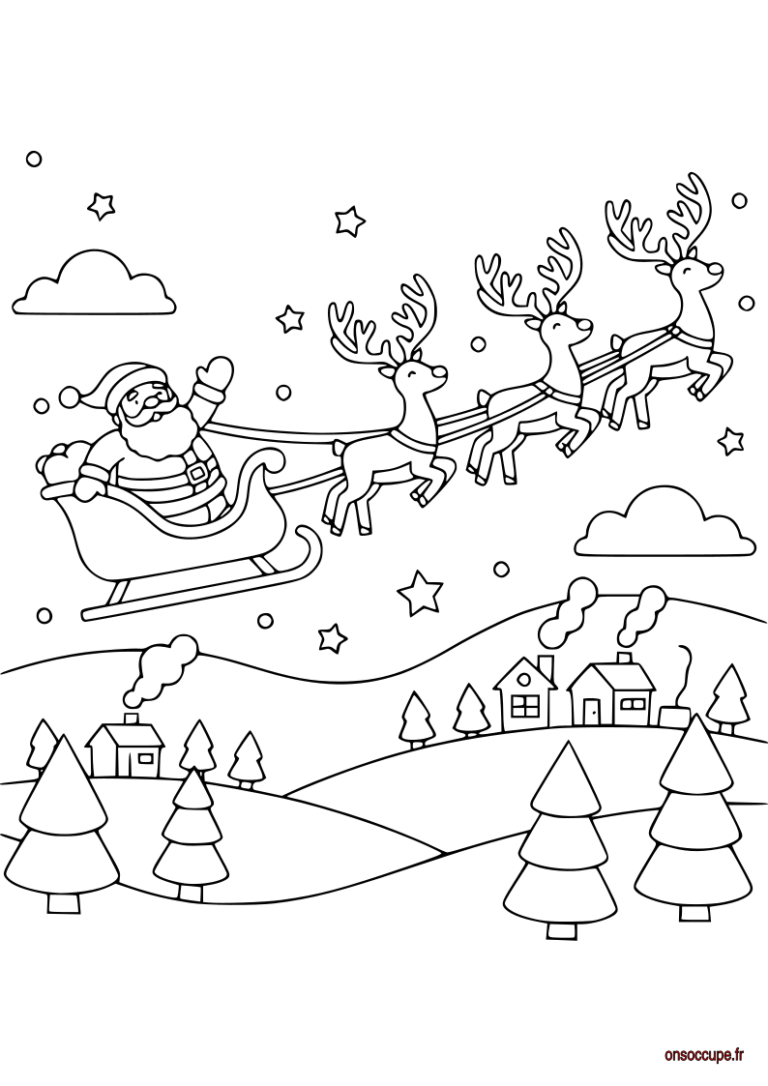 Coloriage d'un père noël sur son traîneau tiré par 3 rennes, dans le ciel avec dans le fond un paysage avec arbres et maisons.
