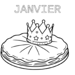 Coloriage Coloriage sur le thème du mois de janvier et de la galette de rois. Texte "Janvier" coloriable affiché en haut. Une galette des rois à colorier avec une couronne.