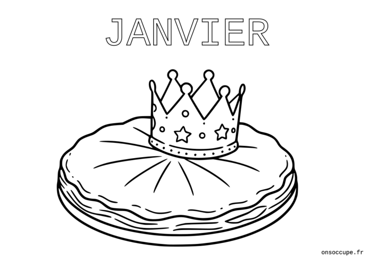 Coloriage sur le thème du mois de janvier et de la galette de rois. Texte "Janvier" coloriable affiché en haut. Une galette des rois à colorier avec une couronne.