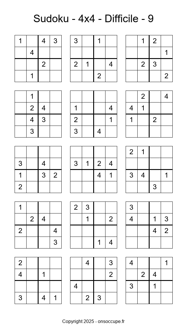 Sudoku 4×4 – Difficile #9 - Sudoku à imprimer gratuitement