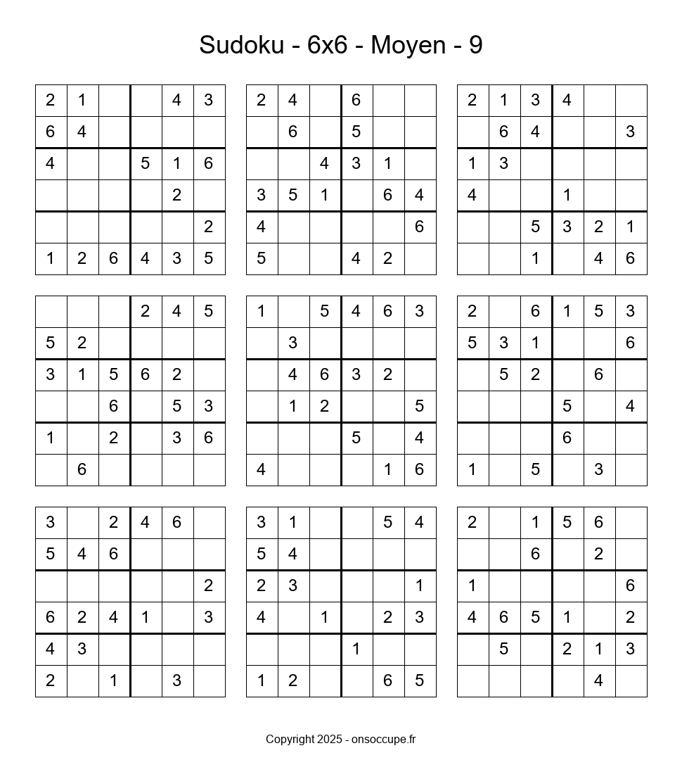 Sudoku 6×6 – Moyen #9 - Sudoku à imprimer gratuitement