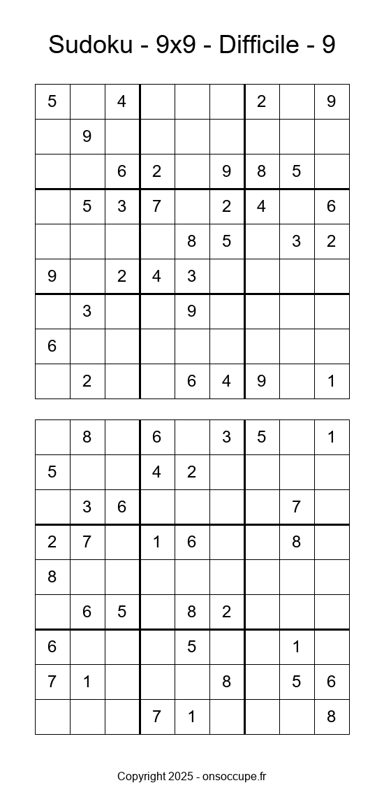 Sudoku 9×9 – Difficile #9 - Sudoku à imprimer gratuitement