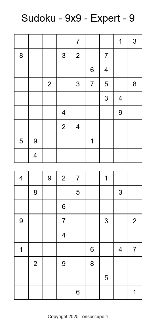 Sudoku 9×9 – Expert #9 - Sudoku à imprimer gratuitement