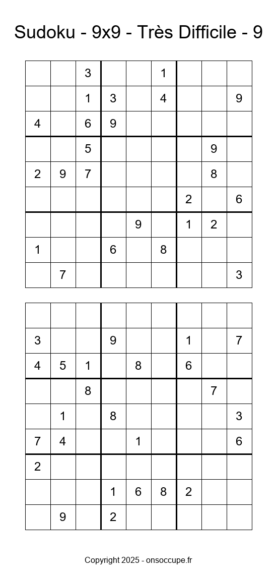 Sudoku 9×9 – Très Difficile #9 à imprimer