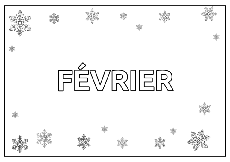 Coloriage sur le thème du mois de février avec le mot février au centre à colorier entouré de flocons de neige.