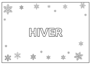Coloriage sur le thème de l'hiver avec le mot hiver au centre à colorier entouré de flocons de neige.