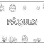 Coloriage Un coloriage avec le mot "Pâques" au centre et des symbole de pâques autour ; oeuf, cloches, lapin.