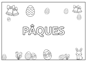 Un coloriage avec le mot "Pâques" au centre et des symbole de pâques autour ; oeuf, cloches, lapin.