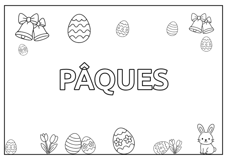 Un coloriage avec le mot "Pâques" au centre et des symbole de pâques autour ; oeuf, cloches, lapin.