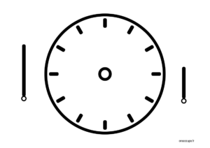 Dessin d'une horloge à découper avec deux aiguilles à découper également pour apprentissage de l'heure.