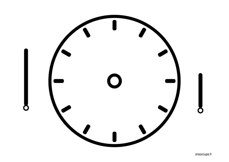 Dessin d'une horloge à découper avec deux aiguilles à découper également pour apprentissage de l'heure.