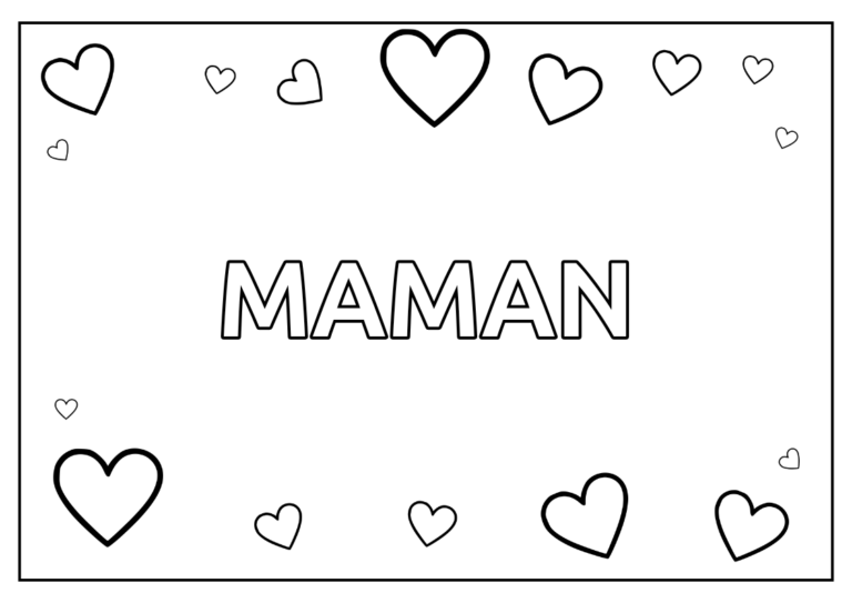Coloriage pour la fête des mères avec le mot maman à colorier entouré de coeurs.