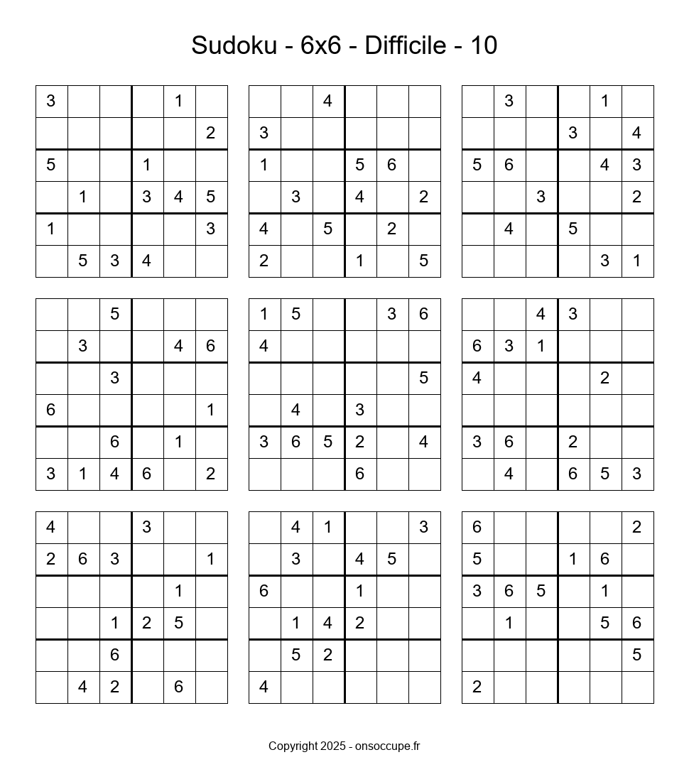 Sudoku 6×6 – Difficile #10 - Sudoku à imprimer gratuitement