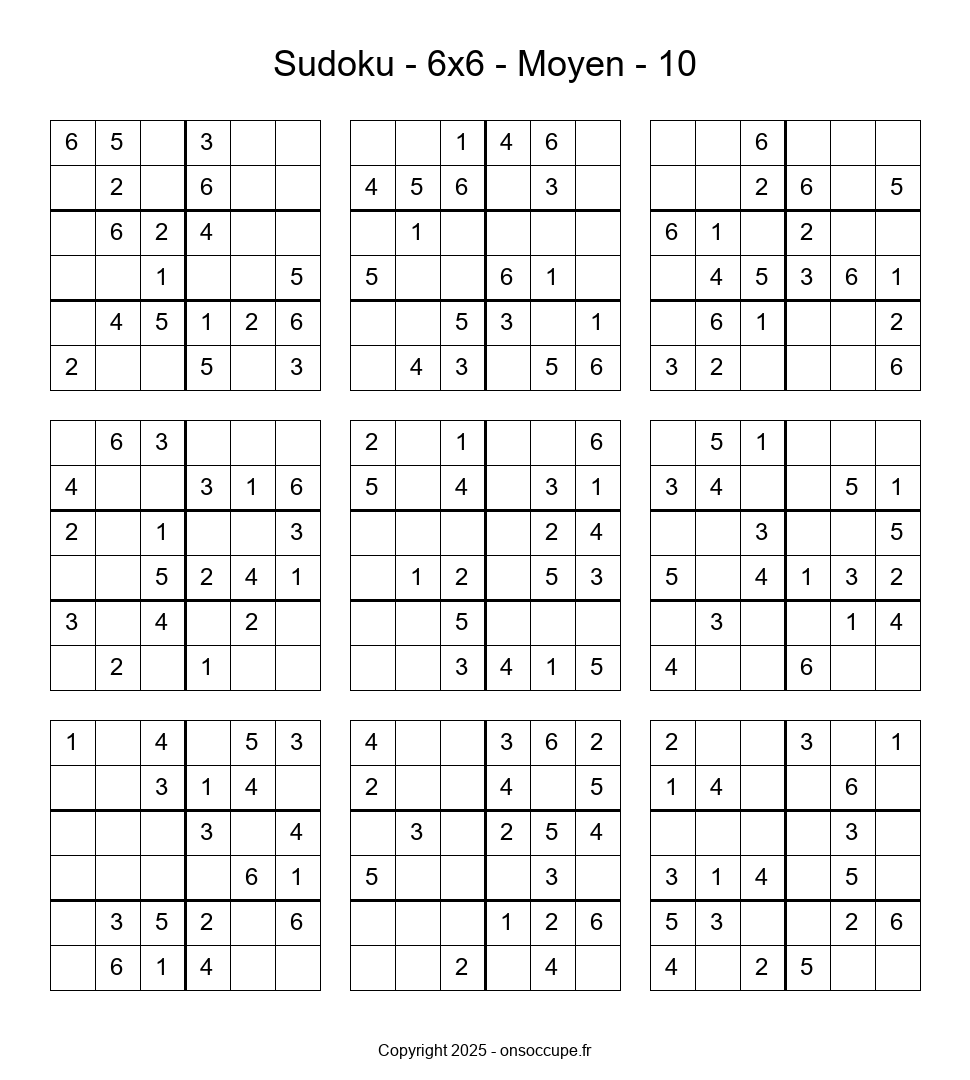 Sudoku 6×6 – Moyen #10 à imprimer Sudoku 6×6 – Moyen #10 - Sudoku à imprimer gratuitement