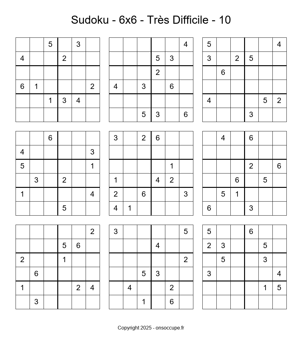 Sudoku 6×6 – Très Difficile #10 - Sudoku à imprimer gratuitement