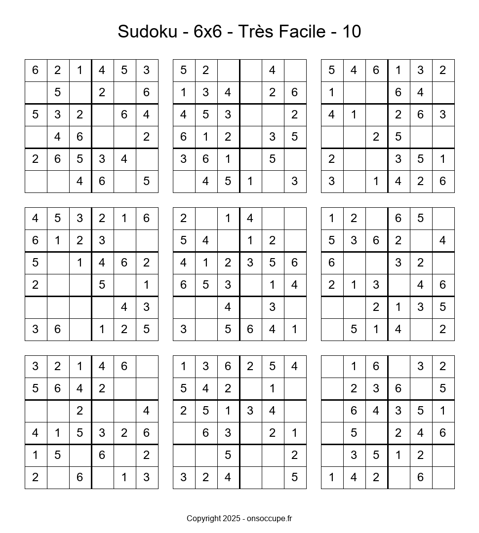 Sudoku 6×6 – Très Facile #10 à imprimer Sudoku 6×6 – Très Facile #10 - Sudoku à imprimer gratuitement