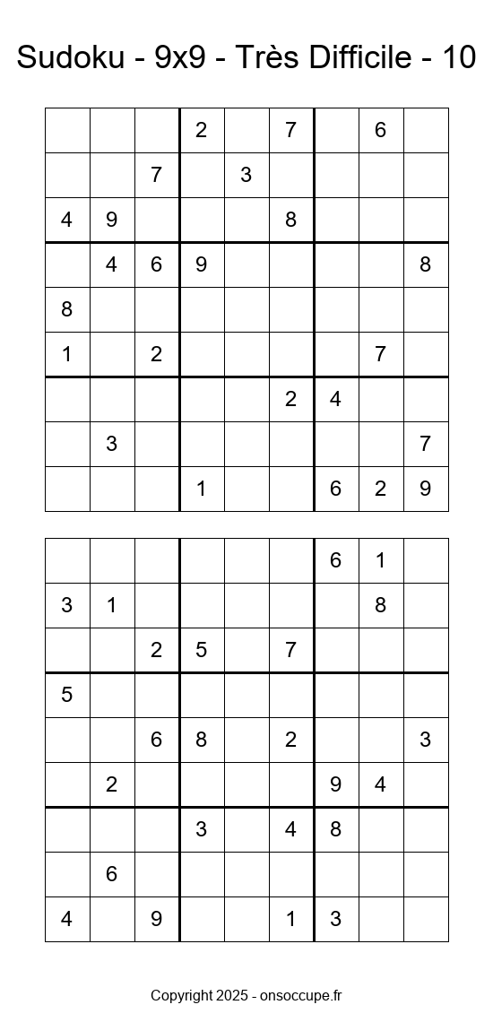 Sudoku 9×9 – Très Difficile #10 - Sudoku à imprimer gratuitement