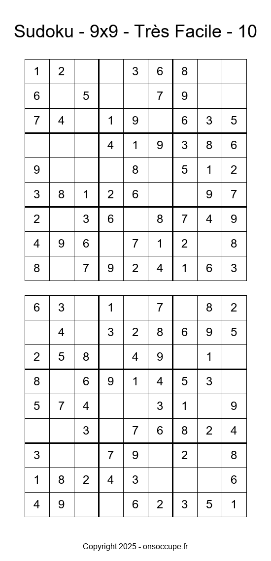 Sudoku 9×9 – Très Facile #10 à imprimer Sudoku 9×9 – Très Facile #10 - Sudoku à imprimer gratuitement