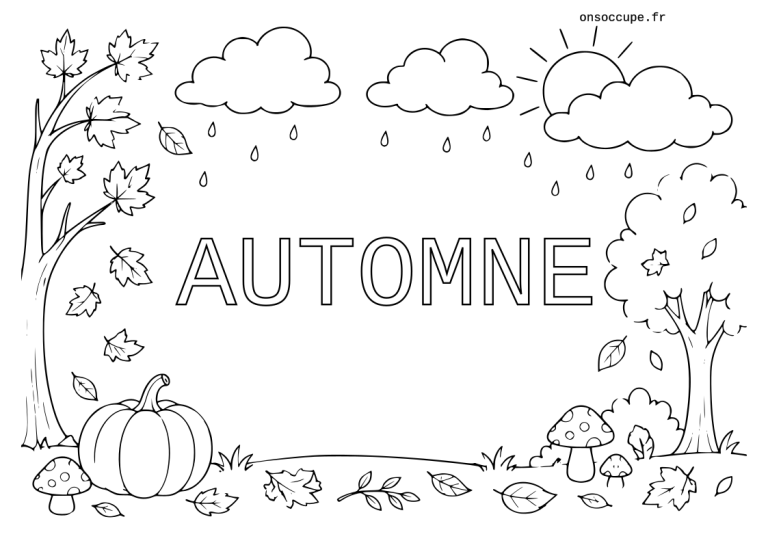 Coloriage sur le thème de l'automne. Le mot "Automne" peut être colorié au centre. Il est entouré de feuilles mortes sur le sol, de champignons. Le ciel est nuageux avec de la pluie.