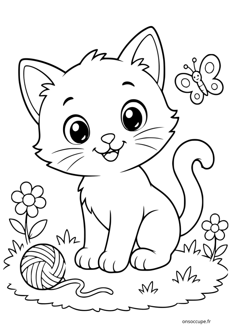 Coloriage d'un chaton mignon sur l'herbe avec des fleurs, un papillon et une pelote de fil devant lui.