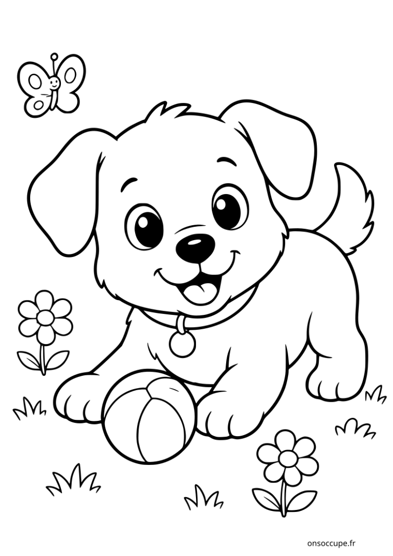 Coloriage d'un chiot mignon sur l'herbe avec des fleurs, un papillon et une balle devant lui.