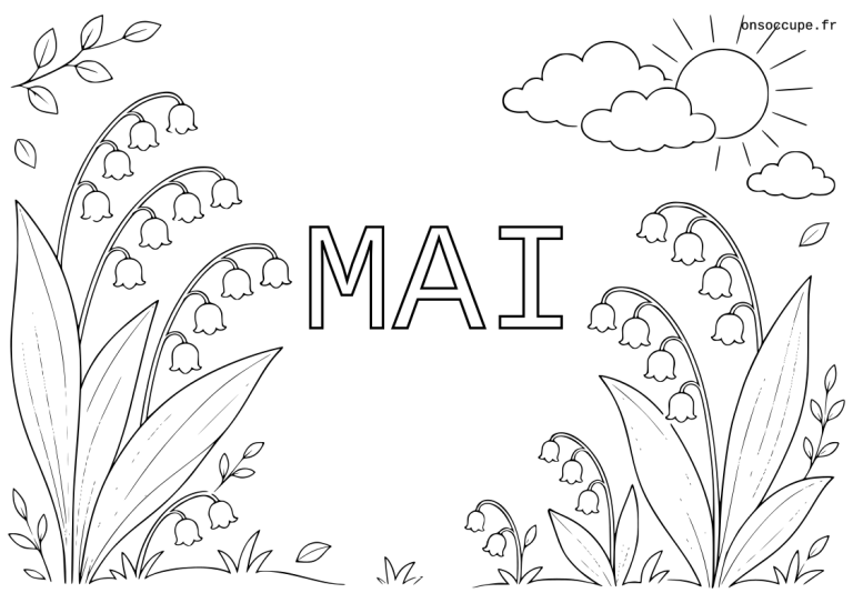 Coloriage sur le thème du mois de mai et du muguet. Le mot "mai" au centre peut être colorié et est entouré de brin de muguets.