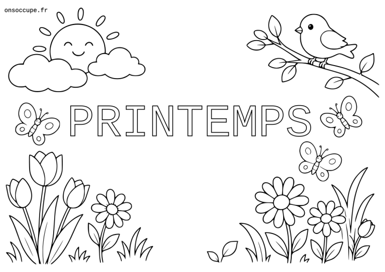 Coloriage sur le thème du printemps. Le mot printemps peut être colorié au centre. Autour : un oiseau sur une branche, un parterre de fleurs et le soleil qui sort derrière les nuages.