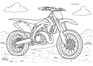Coloriage pour enfant représentant une motocross sur la terre, sous un ciel légèrement nuageux.