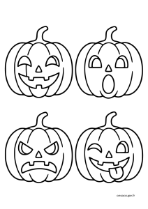 Planche de 4 citrouilles d’Halloween à colorier, chacune avec une expression différente : joyeuse, surprise, fâchée et malicieuse.