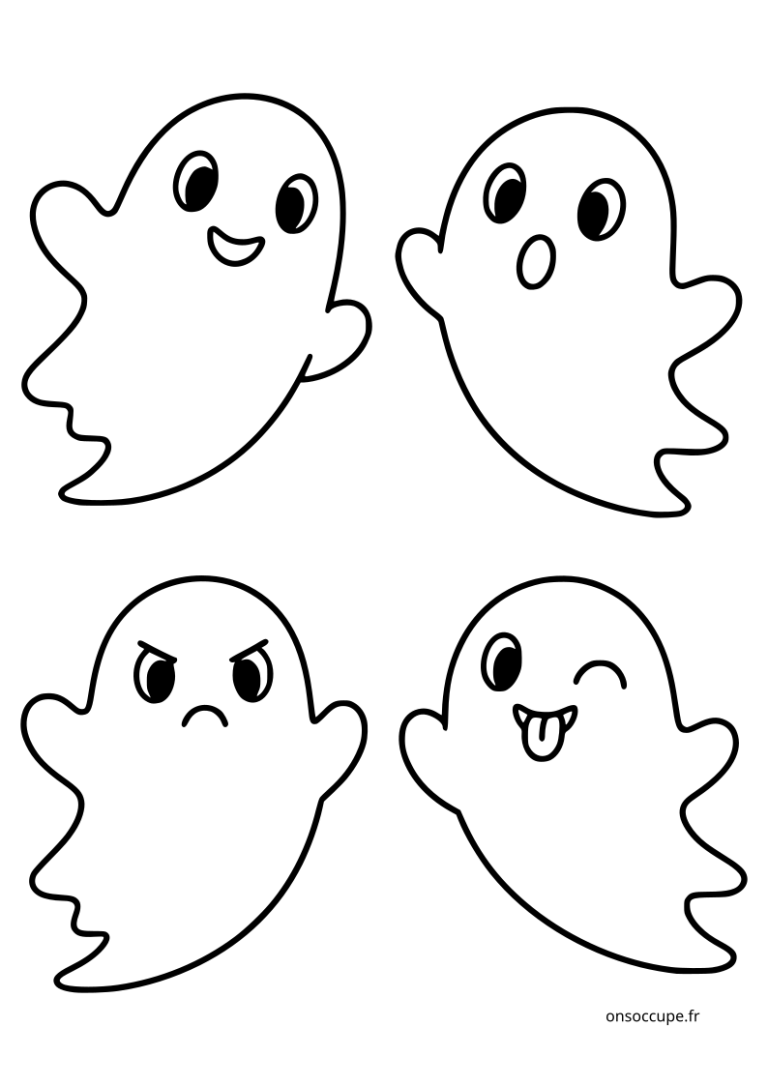 Planche de 4 fantômes d’Halloween à colorier, avec des poses et des expressions différentes : joyeux, surpris, grognon et malicieux.
