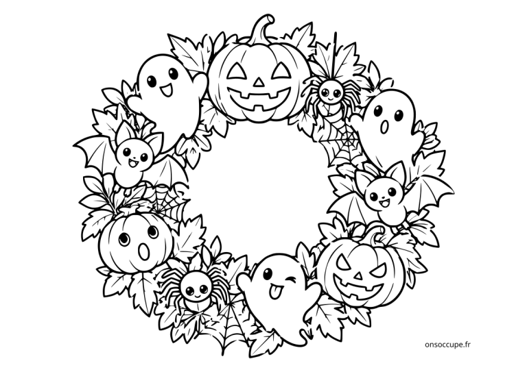 Couronne d’Halloween à colorier et à découper avec citrouilles, fantômes, chauves-souris et araignées.