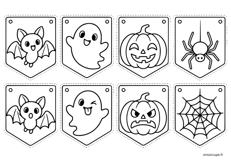Planche de notre guirlande d’Halloween partie 1 à colorier et à découper avec plusieurs motifs à assembler : chauve-souris, fantôme, citrouille, araignée et toile d’araignée.