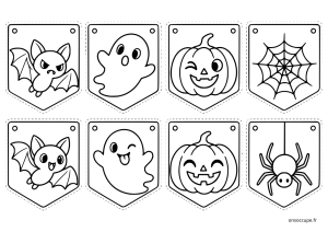 Guirlande d’Halloween partie 2 à imprimer, avec de nouveaux fanions mettant en scène des citrouilles, des fantômes, des chauves-souris, une araignée et une toile d’araignée.
