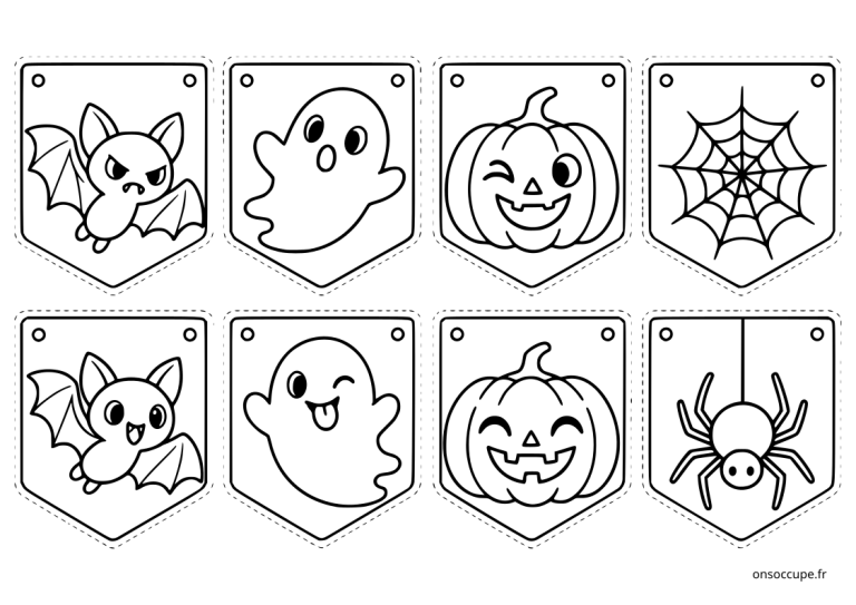 Guirlande d’Halloween partie 2 à imprimer, avec de nouveaux fanions mettant en scène des citrouilles, des fantômes, des chauves-souris, une araignée et une toile d’araignée.