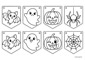 Guirlande d’Halloween partie 3 à colorier et à fabriquer, avec une nouvelle sélection de fanions aux motifs variés : fantômes, citrouilles, chauves-souris, araignées et toile d’araignée.