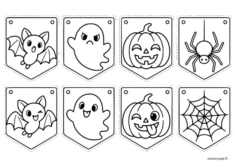 Guirlande d’Halloween partie 3 à colorier et à fabriquer, avec une nouvelle sélection de fanions aux motifs variés : fantômes, citrouilles, chauves-souris, araignées et toile d’araignée.