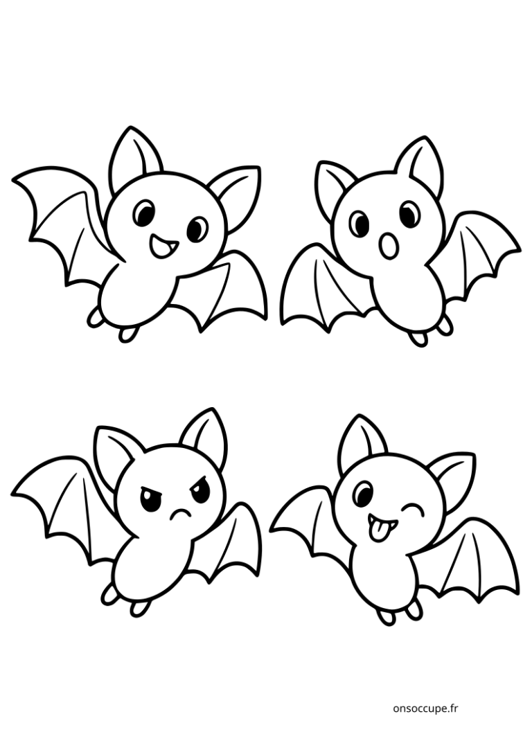 Planche de 4 chauves-souris d’Halloween à colorier, avec des expressions variées : joyeuse, surprise, grognon et malicieuse.